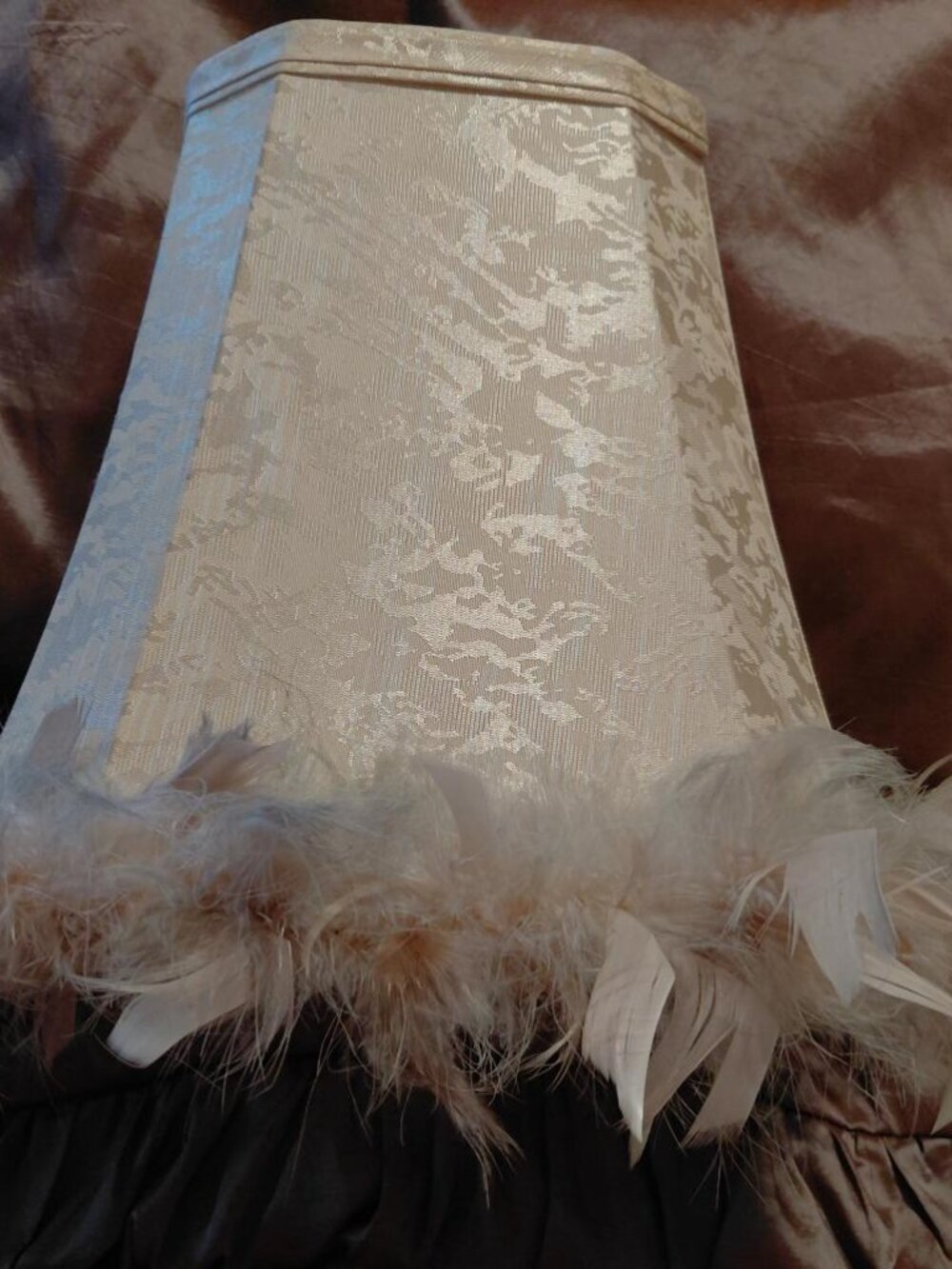 Vintage Beige Damask Feather Trimmed Lamp Shade